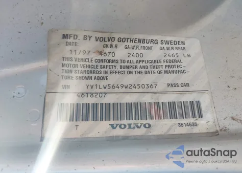 1998 Volvo V70 z USA, uszkodzony, nr VIN YV1LW5649W2450367